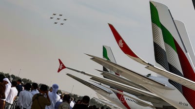 Passenger jets on the tarmac at Al Maktoum International Airport during the Dubai Airshow. EPA