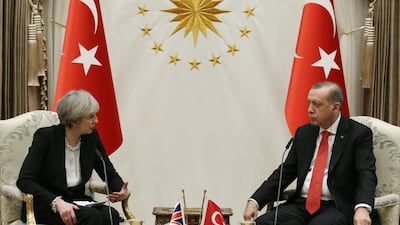 Turkey’s president Recep Tayyip Erdogan holds talks with British prime minister Theresa May at the presidential palace in Ankara on January 28, 2017. Presidential Press Service via AP