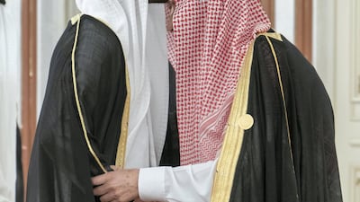 Saudi Arabia's King Salman greets Sheikh Abdullah bin Zayed