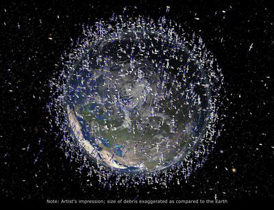 An artist's impression shows the debris field in low-Earth orbit, which extends to 2000 km above the Earth's surface. AFP