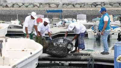 A team of volunteers remove rubbish from the waters off Fujairah port. Courtesy Fujairah Fishermen ‘s Association