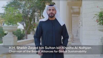 A screen grab from a video featuring Sheikh Zayed bin Sultan, Chairman of the Board for Alliances for Global Sustainability, and others, confirming their commitment to sustainable practices. Courtesy Masdar