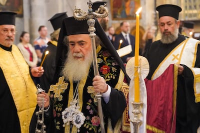 The Greek Orthodox Patriarch of Jerusalem, Theophilos III, at the Church of the Holy Sepulchre in 2023. Willy Lowry / The National