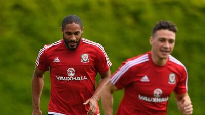Wales players Ashley Williams (l) and James Chester in action during Wales training ahead of their UEFA Euro 2016 semi final against Portugal at College Le Bocage on July 4, 2016 in Dinard, France. (Photo by Stu Forster/Getty Images)