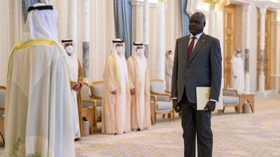 Sheikh Mohamed receives Garang Garang Diing, ambassador of South Sudan to the UAE. Abdulla Al Neyadi / UAE Presidential Court