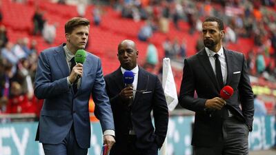 From left to right, television commentators Jake Humphrey, Ian Wright and Rio Ferdinand before the FA Cup Final between Manchester United and Crystal Palace. Action Images via Reuters / John Sibley