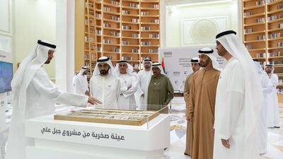 Sheikh Mohamed bin Zayed, Crown Prince of Abu Dhabi and Deputy Supreme Commander of the UAE Armed Forces ( and Sheikh Mohamed bin Rashid, Vice-President, Prime Minister of the UAE, Ruler of Dubai and Minister of Defence, view the Jebel Ali Project. Ministry of Presidential Affairs