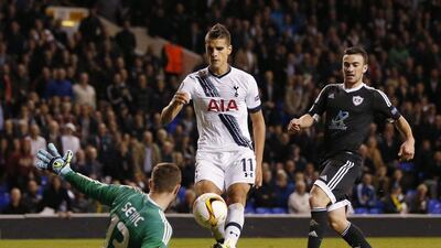Tottenham Hotspur's Erik Lamela chips in their third goal to cap Spurs' 3-1 Europa League win over Qarabag on Thursday night at White Hart Lane. Andrew Boyers / Action Images / Reuters