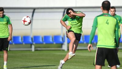 Mexico striker Javier Hernandez in training ahead of the Confederations Cup semi-final against Germany. Patrik Stollarz / AFP