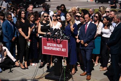 Annie Farmer, a survivor of deceased financier Jeffrey Epstein's sex trafficking ring, during a news conference outside the US Capitol. Bloomberg