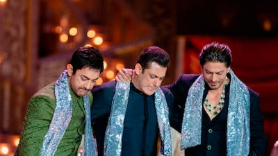 Bollywood stars Amir Khan, Salman Khan and Shah Rukh Khan got together for a rare reunion. Photo: Reliance Industries