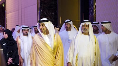 Sheikh Mansour bin Zayed, Deputy Prime Minister and Minister of Presidential Affairs, and Sheikh Nahyan bin Mubarak, Minister of Culture, Youth and Community Development, arrive at the Khalifa Award for Education ceremony in Abu Dhabi. Christopher Pike / The National