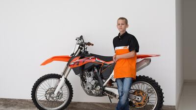 Nicolas Kefford, 13, is part of the Red Bull KTM Factory Rally Team who gathered at the KTM showroom on Sheikh Zayed Road in Dubai on September 23, 2014. Clint McLean for The National