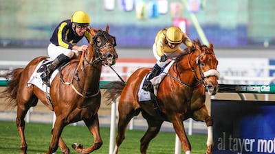 Tadhg O’Shea on Imperial Empire (far side) holds on to win from Adrie de Vries atop Kanood at Meydan. Courtesy Dubai Racing Club