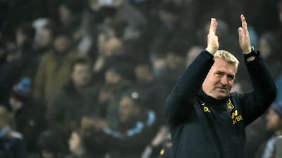 Aston Villa's head coach Dean Smith applauds supporters. AP