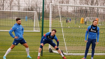 West Ham United's Declan Rice, Mark Noble and Ryan Fredericks train on Wednesday. Reuters