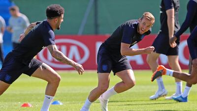 England players Kyle Walker, left, and Harry Kane during a training session at the Spartak Zelenogorsk Stadium, Zelenogorsk, Russia on June 27, 2018. EPA