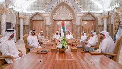 Sheikh Mohammed bin Rashid, Sheikh Mohamed bin Zayed, Sheikh Mansour bin Zayed, Deputy Prime Minister and Minister of Presidential Affairs, Sheikh Saif bin Zayed, Deputy Prime Minister and Minister of Interior, Sheikh Abdullah bin Zayed, Minister of Foreign Affairs and International Co-operation, and Mohammed Al Gergawi, Minister of Cabinet Affairs and the Future, unveil the country's new logo. Wam