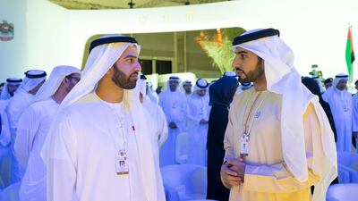 Sheikh Mohamed bin Saud bin Saqr Al Qasimi, Crown Prince and Deputy Ruler of Ras Al Khaimah (L), and Sheikh Rashid bin Humaid Al Nuaimi (R), attend the UAE Government Annual Meeting at the St Regis Saadiyat. Ryan Carter / Ministry of Presidential Affairs