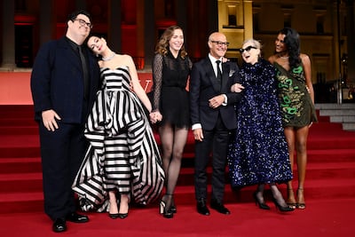 Caleb Hearon, Anne Hathaway, Emily Blunt, Stanley Tucci, Meryl Streep and Simone Ashley star in The Devil Wears Prada 2. Getty Images