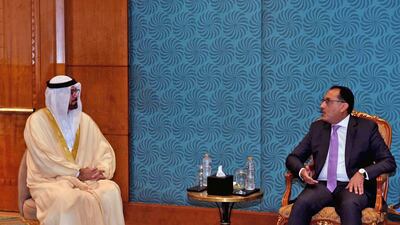 Mohammad Al Gergawi, UAE Minister of Cabinet Affairs, meets Egyptian Prime Minister Mostafa Madbouly in Cairo. Photo: UAE Media Office