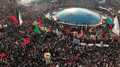 Iranians attend the funeral ceremony of Qassem Suleimani in Tehran, Iran. EPA