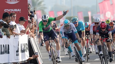 Soudal Quick–Step's Tim Merlier wins Stage 6 of the UAE Tour in Abu Dhabi ahead of Arvid De Kleijn of Tudor Pro Cycling Team and Phil Bauhaus of Bahrain Victorious. AFP