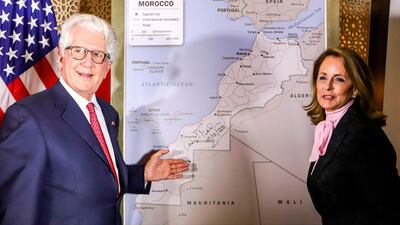David T Fischer, US Ambassador to the Kingdom of Morocco, and his wife Jennifer stand before a US State Department-authorised map of Morocco recognising the territory of the Sahara. AFP