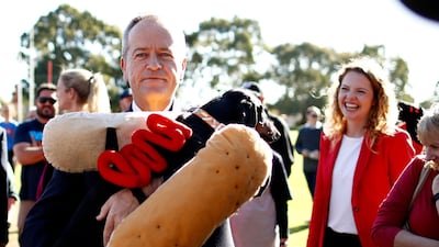 Labor Leader Bill Shorten meets Eva the Democracy Sausage Dog in the seat of Boothby, in Adelaide, Australia. Getty Images