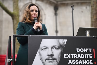Stella Moris, wife of Julian Assange, joins his supporters outside the Royal Courts of Justice in February. Getty Images