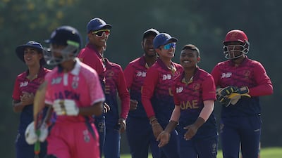 UAE's Aayan Khan, second right, celebrates with team-mates during the U19 Asia Cup match against Japan at the ICC Academy Ground in Dubai on Wednesday, December 13, 2023. Photo: Asian Cricket Council