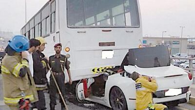 Two people, a Gulf national in his 20s and an Asian, were injured in a road accident that involved six vehicles on Al Rawda bridge on Sheikh Zayed Road in Ajman Tuesday evening. The Ferrari driver is accused of excessive speed and sudden swerving. Courtesy Ajman Police