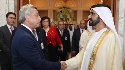 Sheikh Mohammed bin Rashid, Vice President and Ruler of Dubai, receives Armenian president Serzh Sargsyan. Wam