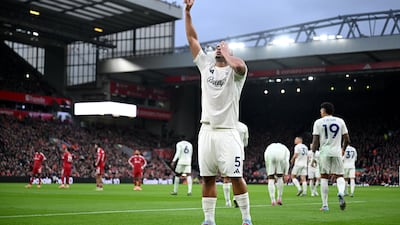 Murillo celebrates scoring for Nottingham Forest in their 3-0 Premier League win over Liverpool at Anfield on November 22, 2025. Getty Images