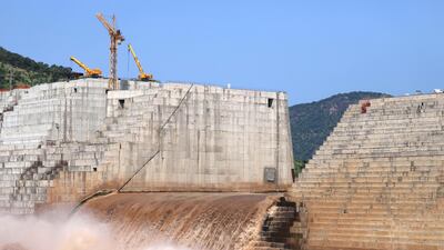 Water flows through Ethiopia's Grand Renaissance Dam as it undergoes construction work on the river Nile in Guba Woreda, Benishangul Gumuz Region, Ethiopia September 26, 2019. Reuters