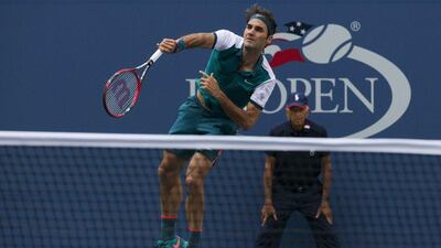 Roger Federer serves to Leonardo Mayer on Tuesday during his first round victory at the US Open in New York City. Brendan McDermid / Reuters / September 1, 2015