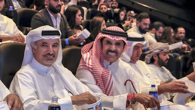 (L-R) H.E. Saeed Mohammed Hareb and Emirati singer, Abdullah Bilkhair at the movie premiere, 'Rashid & Rajab'. Victor Besa / The National