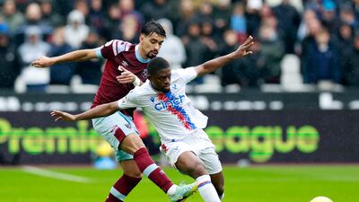 Crystal Palace's Cheick Doucoure in action with West Ham's Lucas Paqueta. Reuters