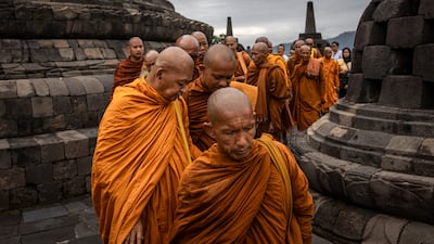 Buddhist monks at Borobudur temple in Magelang, Central Java, Indonesia. Getty Images