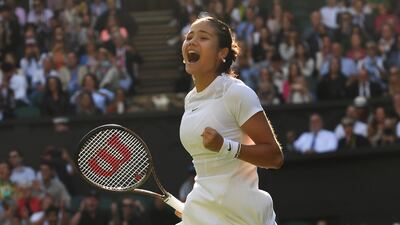 Emma Raducanu of Great Britain celebrates after beating Belgium's Alison Van Uytvanck. EPA