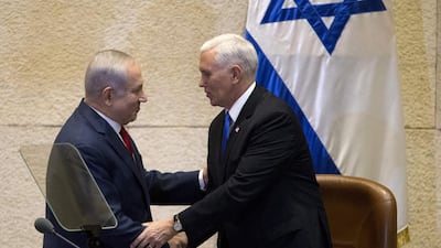 US vice president Mike Pence shakes hands with Israeli prime minister Benjamin Netanyahu at the Israeli Knesset in Jerusalem on January 22, 2018. Ariel Schalit / Pool / AFP