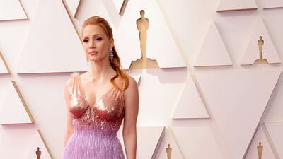 Jessica Chastain, wearing purple and gold sequinned Gucci. Getty Images