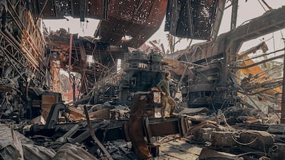 A soldier surveys the inside of the ruined Azovstal steel plant, before the surrender to the Russian forces in Mariupol on May 16.