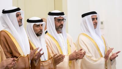Lt General Sheikh Saif bin Zayed, Deputy Prime Minister and Minister of Interior, Sheikh Hamed bin Zayed Al Nahyan, Chairman of the Crown Prince Court of Abu Dhabi, Suhail Al Mazrouei, Minister of Energy and Ali Mohamed Hammad Al Shamsi, Deputy Secretary-General of the UAE Supreme National Security Council, attend a deal signing ceremony during a reception at the Bogor Presidential Palace. Eissa Al Hammadi / Ministry of Presidential Affairs