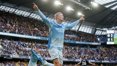 Manchester City's Erling Haaland celebrates scoring the third goal against Ipswich Town at the Etihad Stadium. Reuters