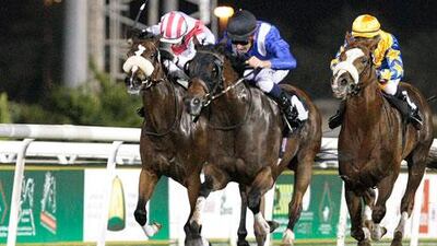 Alazeyab, with Dane O'Neill aboard, broke from the middle of the pack and found a gap along the rail to win the HH The President's Cup race at the Abu Dhabi Equestrian Club.