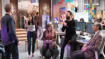 David Hornsby, Charlotte Nicdao, Jessie Ennis, Rob McElhenney and F Murray Abraham in 'Mythic Quest: Raven’s Banquet'. Courtesy Apple TV+.