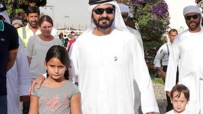 The Ruler of Dubai visits Dubai Miracle Gardens with two of his children.