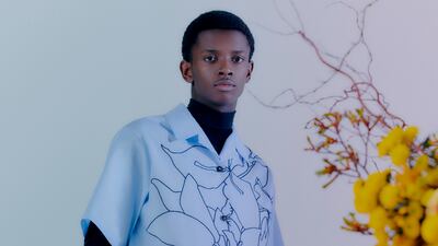 The artist created five original tapestries that underpin the collection, featuring bougainvillea flower embroidery, as well as printed words from Egyptian novelist Radwa Ashour’s Atyaf