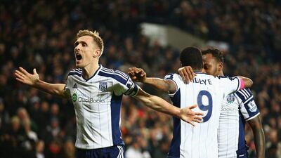 Darren Fletcher celebrates the goal scored by Brown Ideye during the 2-0 victory over Swansea on February 11. Mark Thompson / Getty Images